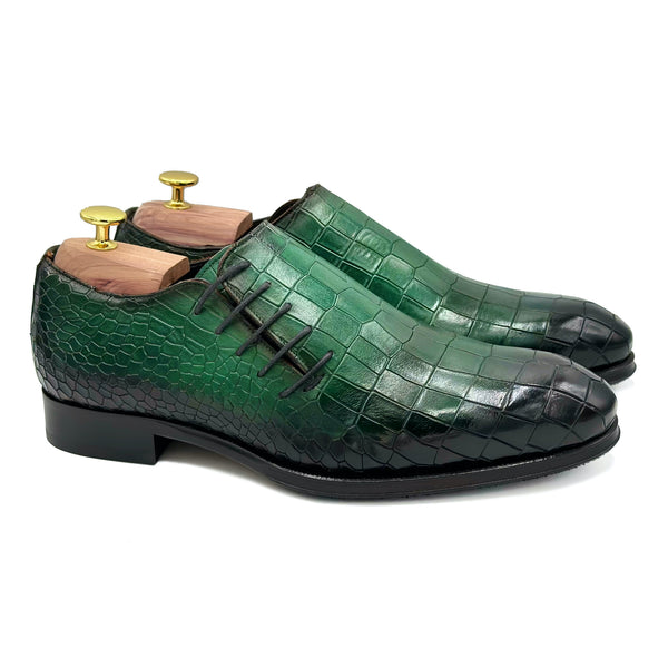 Atlantis I Wholecut in pelle verde stampa cocco scarpe con lacci laterali 01