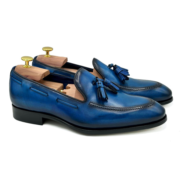 Claudio V Mocassini con nappine in pelle blu scarpe da uomo di Virgilio 01