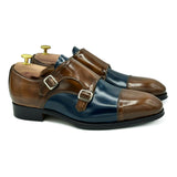 Duca II Scarpe con doppia fibbia in pelle spazzolata marrone blu di Virgilio shoes 01