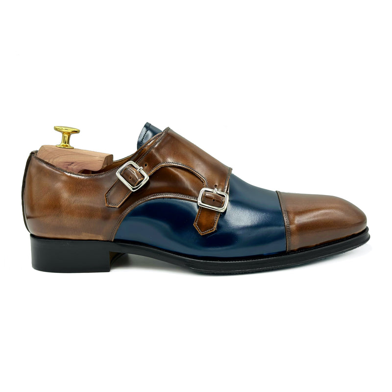Duca II Scarpe con doppia fibbia in pelle spazzolata marrone blu di Virgilio shoes 02