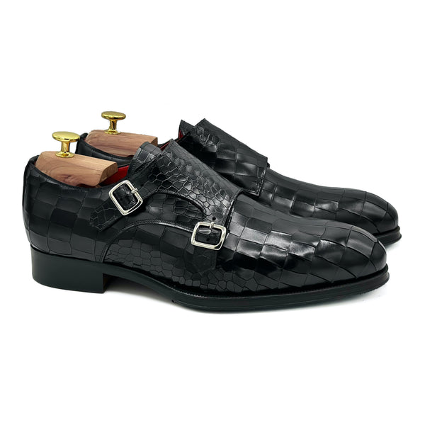 Gibson I Doppia Fibbia in pelle nera spazzolata coccodrillo scarpe di Virgilio hoes 01