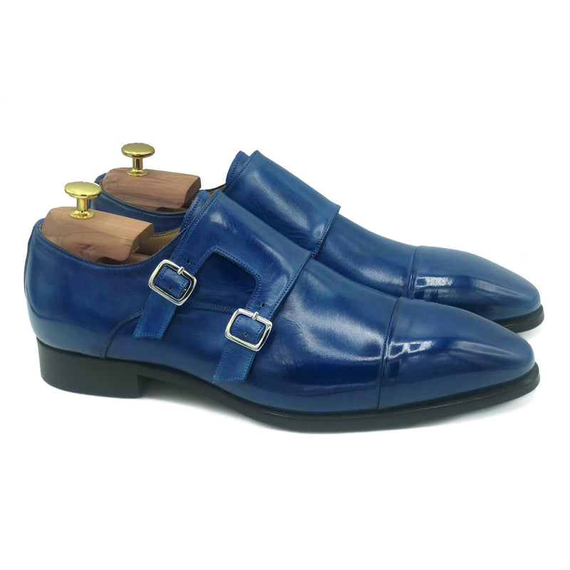 Mason II Doppia Fibbia in pelle blu scarpe patina da uomo 01