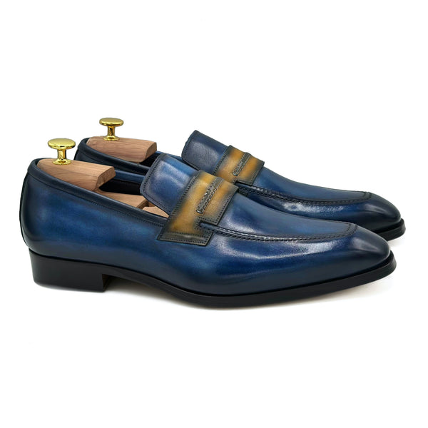 Richard VI Mocassini in pelle blu con bendina gialla di Virgilio shoes 01