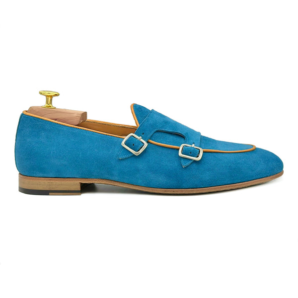 Sorrento II Mocassini con doppia fibbia in pelle scamosciata blu di Virgilio shoes 02