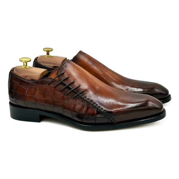 Trafalgar III Scarpe Oxford in pelle marrone coccodrillo di Virgilio shoes 01