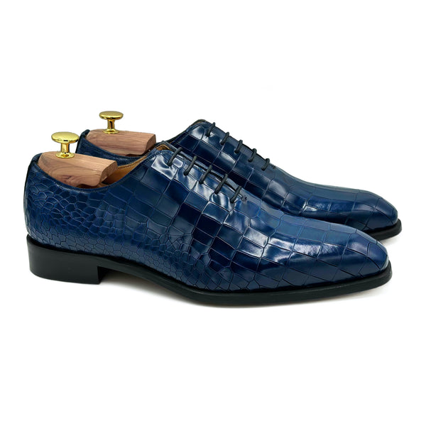 Wilfred II Wholecut in pelle blu spazzolata coccodrillo scarpe classiche di Virgilio 01