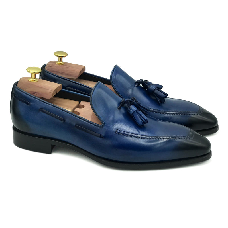 Cesare II Mocassini con nappine in pelle blu scarpe da uomo di Virgilio 01